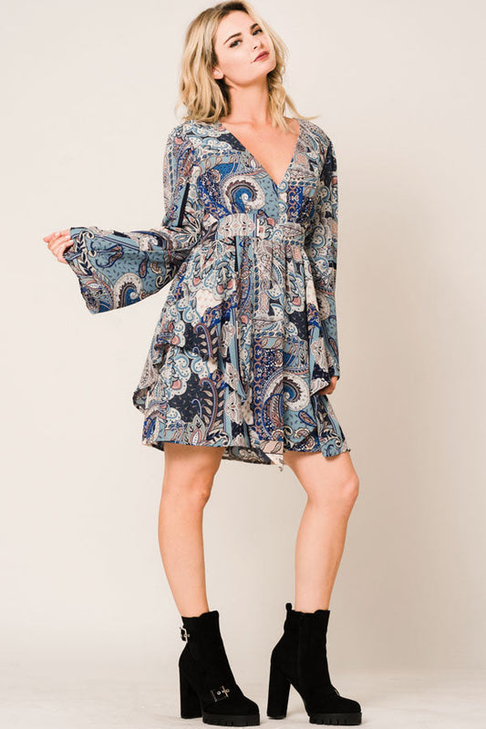 Vestido Mini Azul Estampado "Avery" con Mangas Anchas